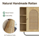 Armário de Banheiro de Rattan Montado na Parede com Barra de Toalha, Porta Arqueada e Prateleiras Ajustáveis, Organizador de Armazenamento Economizador de Espaço para Banheiro, Cozinha ou Lavanderia, Acabamento Natural