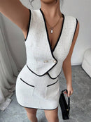 Conjunto Feminino Elegante em Tweed – Top Gola V e Saia Midi com Bolsos