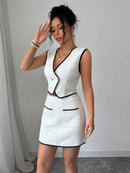 Conjunto Feminino Elegante em Tweed – Top Gola V e Saia Midi com Bolsos