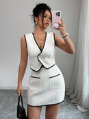 Conjunto Feminino Elegante em Tweed – Top Gola V e Saia Midi com Bolsos