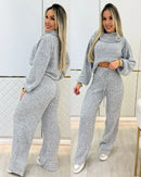 Conjunto Feminino Inverno – Calça Pantalona e Cropped Gola Alta em Lanzinha