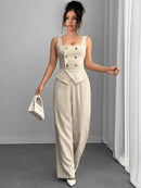 Macacão Feminino Elegante com Botões Duplos – Cintura Alta, Gola Quadrada