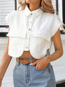 Camisa Cropped Feminina – Manga Morcego, Bolsos e Ajuste Casual