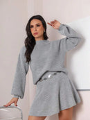 Conjunto Feminino Tricot Susany - Saia Godê Curta e Blusa Manga Bufante
