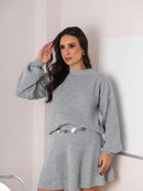 Conjunto Feminino Tricot Susany - Saia Godê Curta e Blusa Manga Bufante